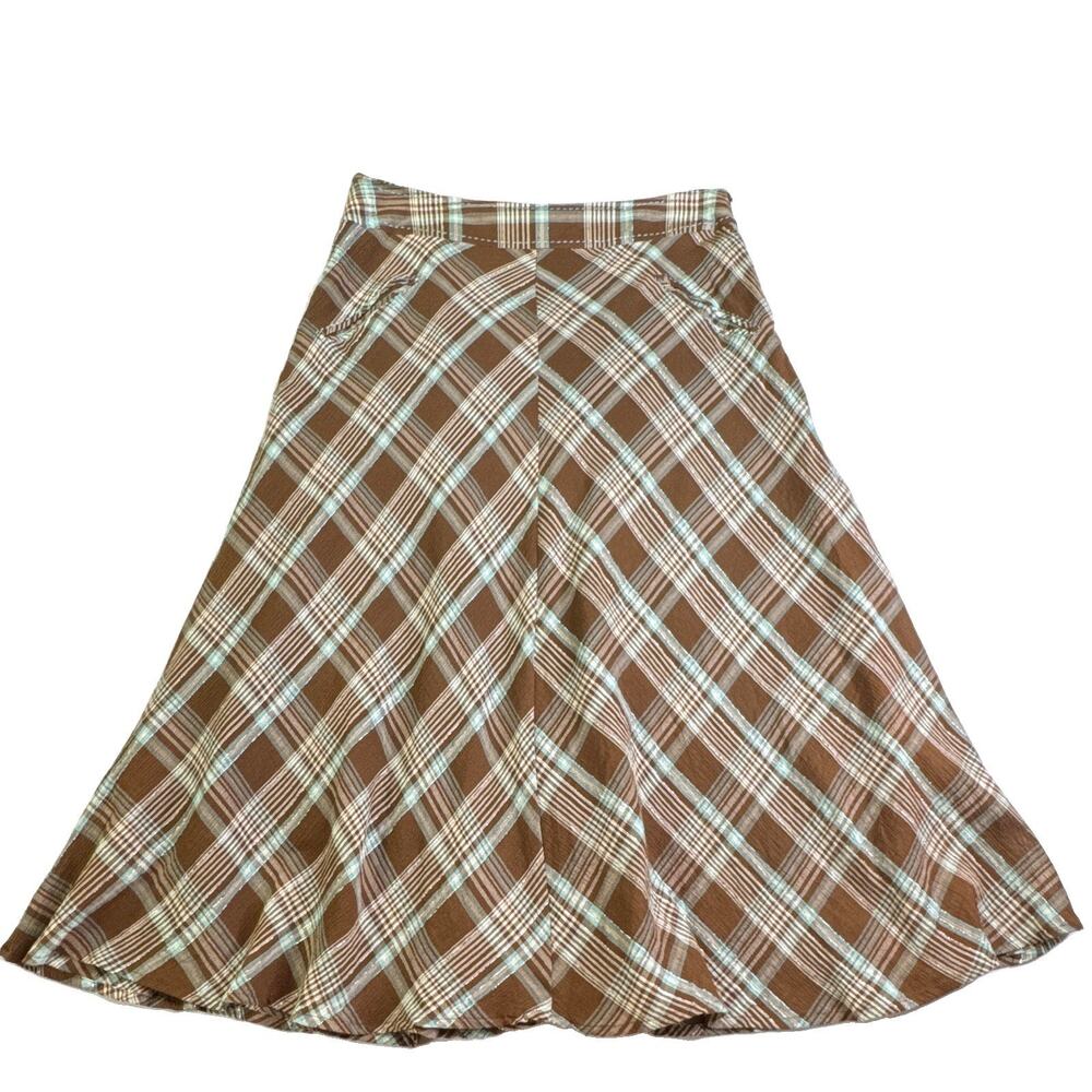 Vintage Y2K Reba Women’s Size 8 Brown Aqua Plaid A-Line Midi Skirt Lined